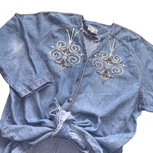 Vtg 90s Monique Fashions Denim Embellished Western Style Button Up Top Plus 3X